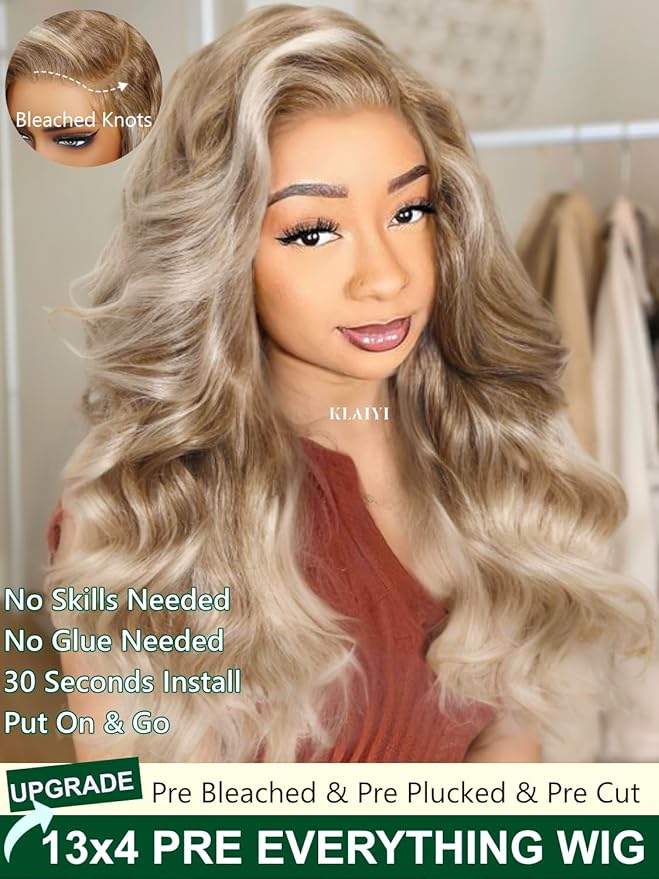 KLAIYI Ombre Ash Blonde Loose Body Wave Pre Everything Glueless 13x4 Lace Front Wigs Human Hair Balayage Precut Pre Plucked Bleached Bye Bye Knots 30S Ready to Wear and Go Wig Beginner Friendly 22Inch