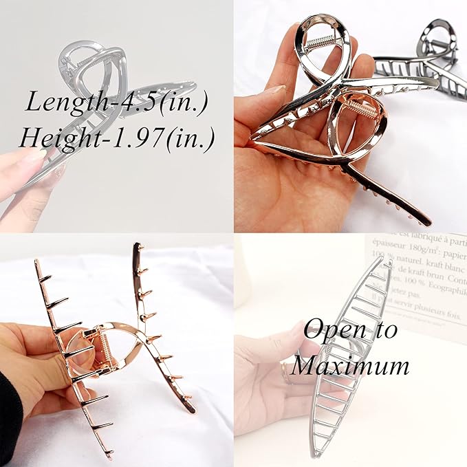 FAELBATY Hair Clip Claws Set of 3 (Glossy Silver, Dark Grey, Rose Gold) - Glossy Metal Hair Clips, Large Hair Accessories for Women and Girls, Strong Hold Barrette, 3 Pcs