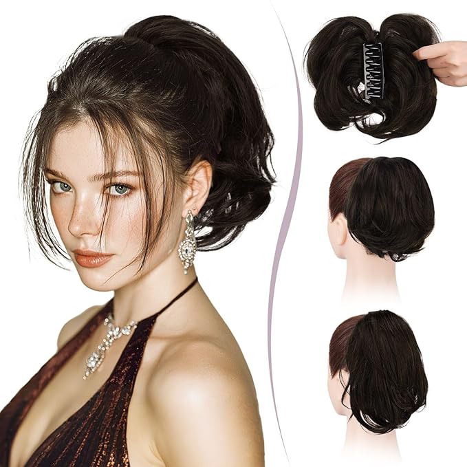 RUWISS Claw Clip Short Human Hair Ponytail Extension with Bendable Metals for DIY Styles, Straight Messy Bun Hair Piece for Women Thick Hairpieces for Daily Wear, 9 Inch Brown Black