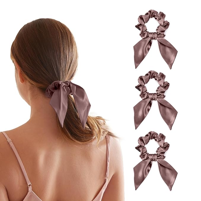 THXSILK 100% Mulberry Silk Bow Scrunchies 3-Pack, 22 Momme Mulberry Silk Hair Ties for Women, Cute Bunny Ear No Damage Ponytail Holders, Fashion Hair Accessories for Girls(M, Purple)