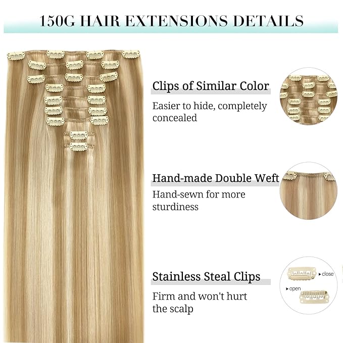 DOORES Human Hair Extensions Clip in, Dark Blonde Highlighted Bleach Blonde 150g 9pcs 22 Inch, Clip in Hair Extensions Real Natural Silky