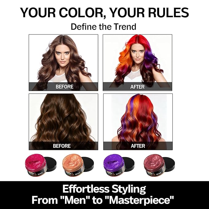 4 Colors Temporary Hair Color Wax for Christmas Party, Stocking Stuffers-DIY Washable Natural Instant Hair Color for Women Temporary Hair Dye for Kids Teens Women Men (Red&Orange&Claret&Purple 5 pcs)
