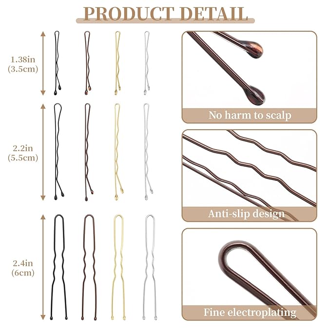 200 Pcs Brown Wave-Shaped and U-Shaped Bobby Pins Mix Metal Hair Pins Hair Accessories for Women Stylists Hair Sticks Girl