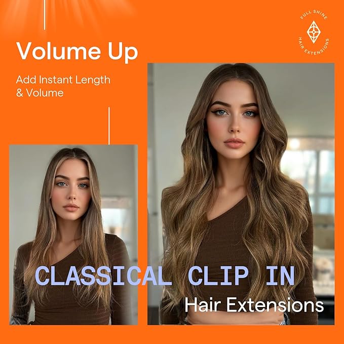 Full Shine Balayage Clip in Hair Extensions Remy Human Hair 14 Inch 120 Grams Hair Extensions Clip ins Double Weft Dark Brown Ombre Brown With Honey Blonde Straight Hair 7 Pcs