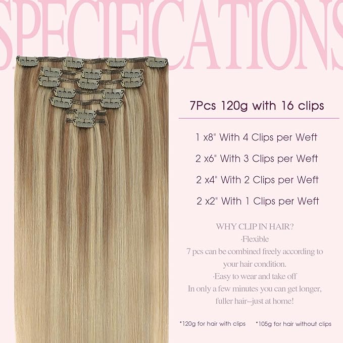 PINKPEARL Clip in Hair Extensions Real Human Hair #10/16/16 Golden Brown to Caramel Blonde Human Hair Clip in Hair Extensions 7pcs 120g 14inch Human Hair Extensios Clip ins(#10/16/16-14)