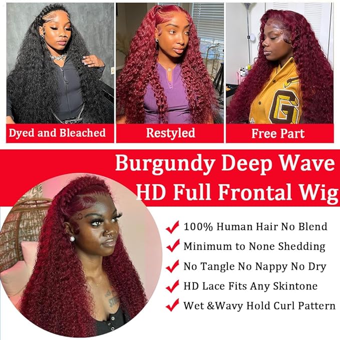 36 Inch 13x6 Deep Wave Burgundy Lace Front Curly Red Frontal Wigs Human Hair For Women Red Deep Wave Human Hair 200 Density Burgundy HD Lace Front Wigs Pre Plucked