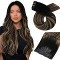 Moresoo Seamless Clip in Hair Extensions Ombre Black to Blonde Hair Extensions Clip ins Real Hair Natural Black to Brown with Honey Blonde Long And Straight 120g/7pcs 20 inch