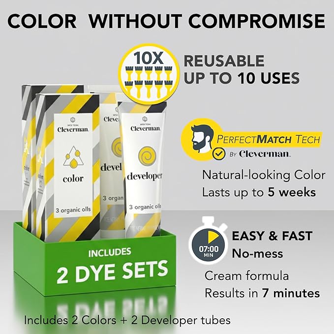 2X Pack Cleverman Hair & Beard Dye Kit for Men, All-in-One Reusable Mens Hair Color, Natural Gray Coverage, Ammonia-Free Beard Mustache Dye for Men (Black)