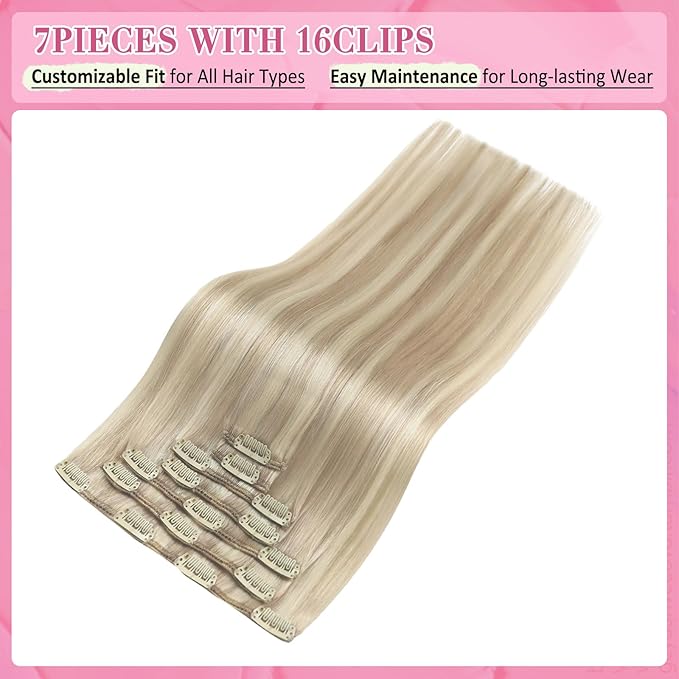 YoungSee Clip in Human Hair Extension Highlight Blonde Clip in Hair Extension Ash Blonde Highlights Bleach Blond Real Human Hair Extensions Clip ins Soft Remy Hair 120G 16In 7Pcs