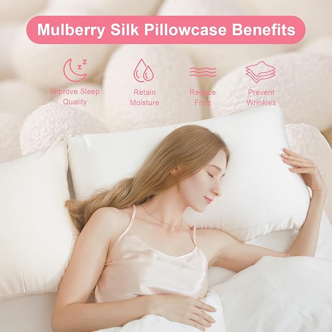 100% Silk Pillowcase 2 Pack for Hair and Skin, Both Sides 23 Momme Grade 6A+ Mulberry Silk Pillowcases with Hidden Zipper, Soft&Smooth Cooling Pillow Cases (Champagne, Queen 20×30)