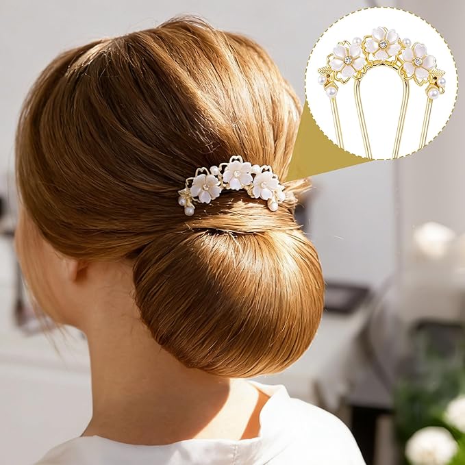 Pearl Flower Hair Clips, U-Shaped Crystal Flower Rhinestone Hair Pins, Gold Alloy Floral Hairpins Hairclips Accessories for Bride Weddings Party Holiday