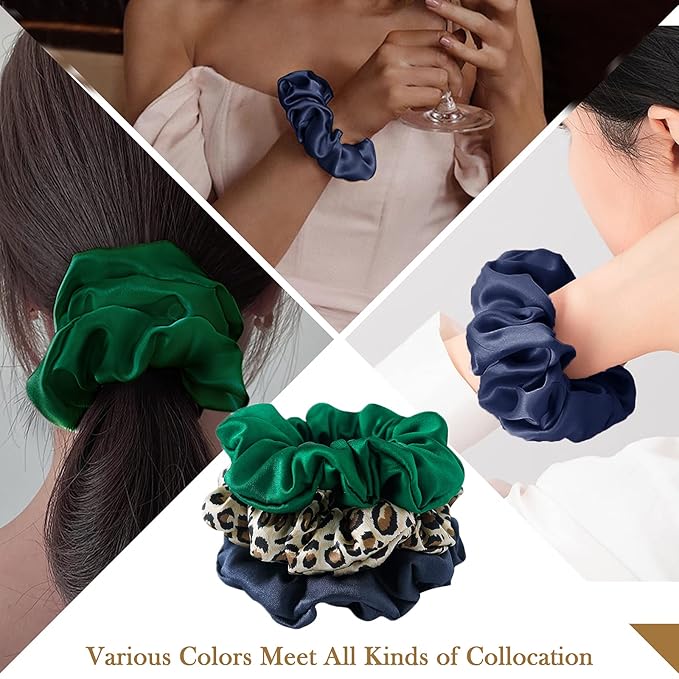 Silk Scrunchies For Hair, 3 Pack, 100% Mulberry Silk Hair Ties, 19 Momme, Natural Silk Elastic Hair Bands For Women And Girls'Hair Designed to Be Soft And Less Pulling (Emerald, Leopard,Navy Blue)
