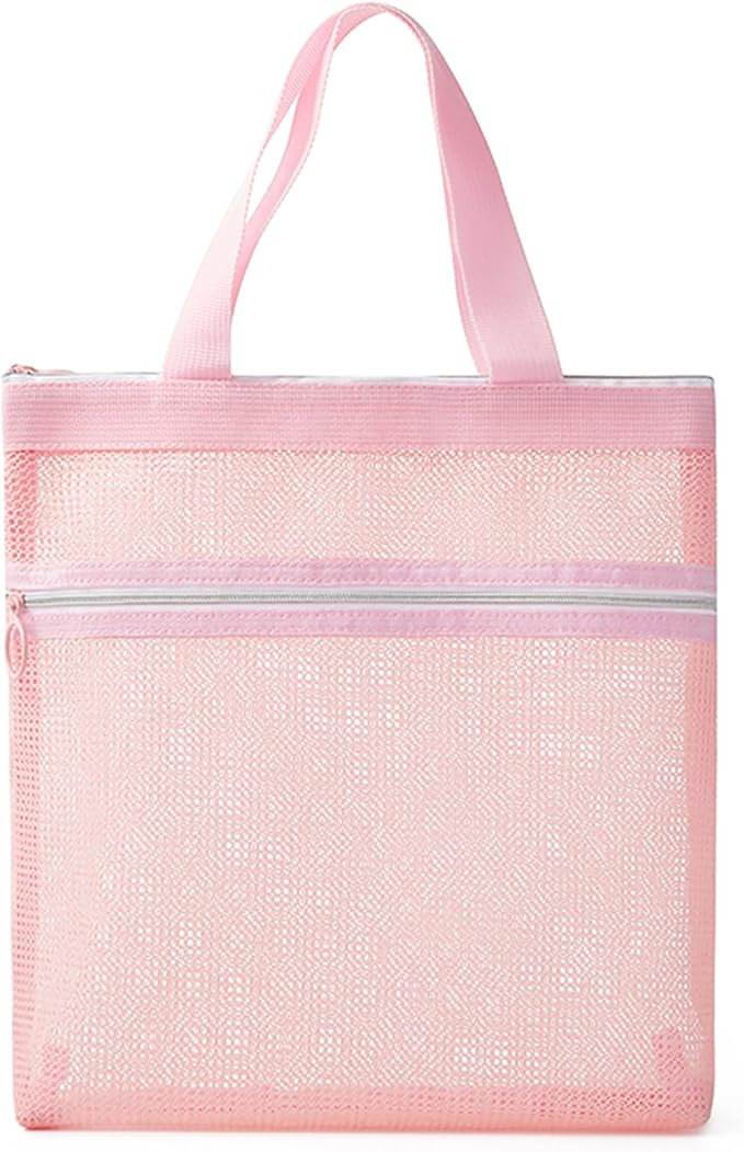 Mesh Shower Caddy Portable Quick Dry Tote Bag with Zipper & 2 Pockets, Large Caddy Mesh Shower Organizer for College Dorm, Swimming, Gym, Beach, Travel Essentials (Pink)