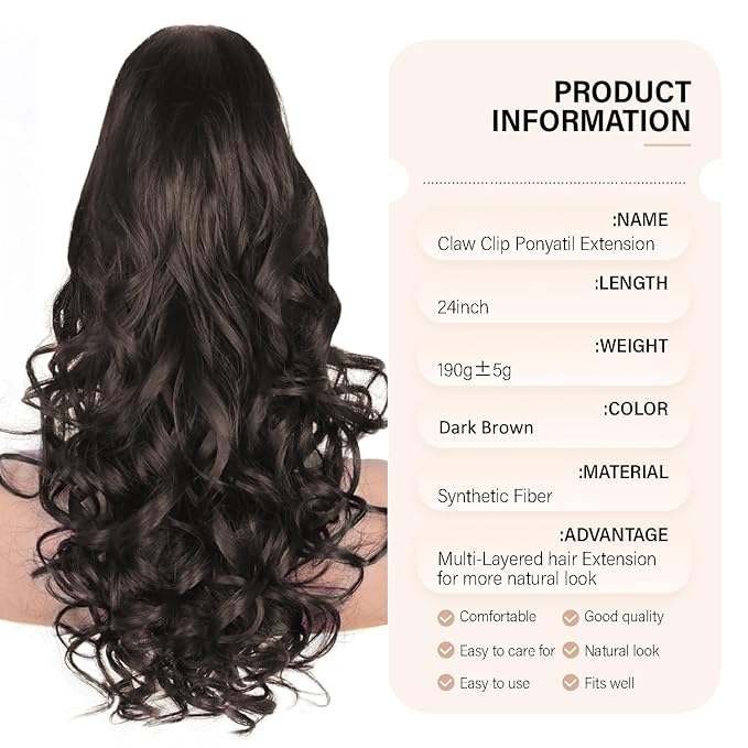 Dark Brown Ponytail Extension, 24 Inch Claw Clip ponytail extension, Soft Curly Clip on Ponytails for Women, Natural Synthetic Layered Pony Tails Hair Extensions (Color: Dark Brown)