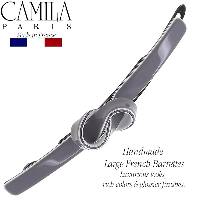 Camila Paris CP3354 French Hair Barrette Clip for Girls, Handmade, Gray/White, Metal-Free Closure Strong Hold Grip Hair Clips for Women, No Slip Durable Styling Girls Hair Accessories, Made in France