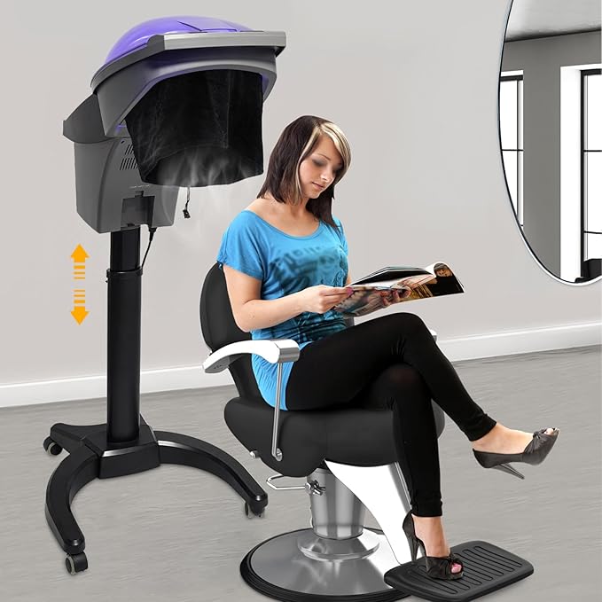 Standing Hair Steamer, 7 Color Hooded Micro Ozone Hair Care Machine Adjustable Height & Wheels with Intelligent Operation Panel for Oiling/Coloring/Conditioning/Perming (White)