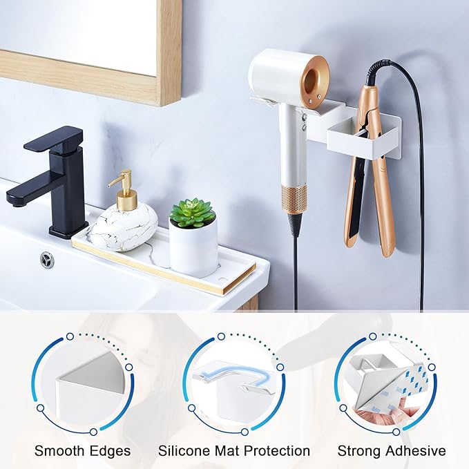 Hair Dryer Holder Wall Mounted, Hair Straightener Holder Metal, Adhesive Blow Dryer and Hair Straightener Holder, Bathroom Bedroom Hair Tool Organizer for Flat Iron,Curling Iron,Hairdryer