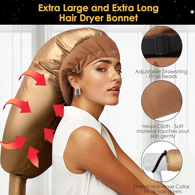 Hair Dryer Bonnet Attachment: Upgraded Extra Large Hooded Dryer Adjustable Hair Dryer Caps - Easy to Use for Natural Curly Textured Hair Care Styling Fast Drying - Gold