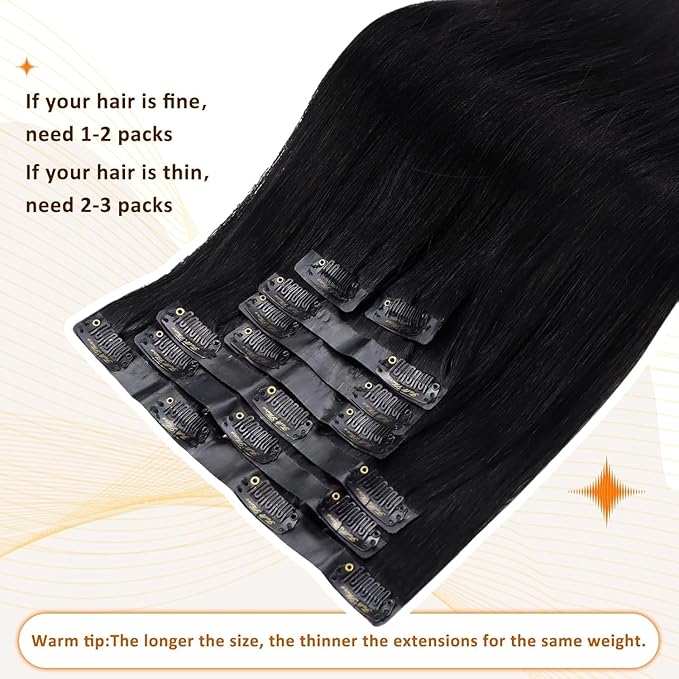 Full Shine Human Hair Clip in Extensions Jet Black Invisible Clip in Hair Extensions Black Remy Human Hair with PU Weft Full Head Ease of Use 16 Inch 8 PCS 120 Grams