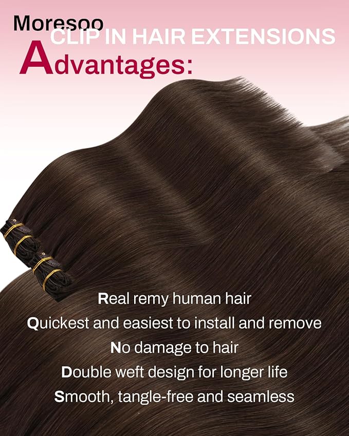 Moresoo 14 inch Clip in Hair Extensions Chocolate Brown Hair Extensions Real Human Hair Clip ins Medium Brown Remy Human Hair for Women Short 80g/5pcs