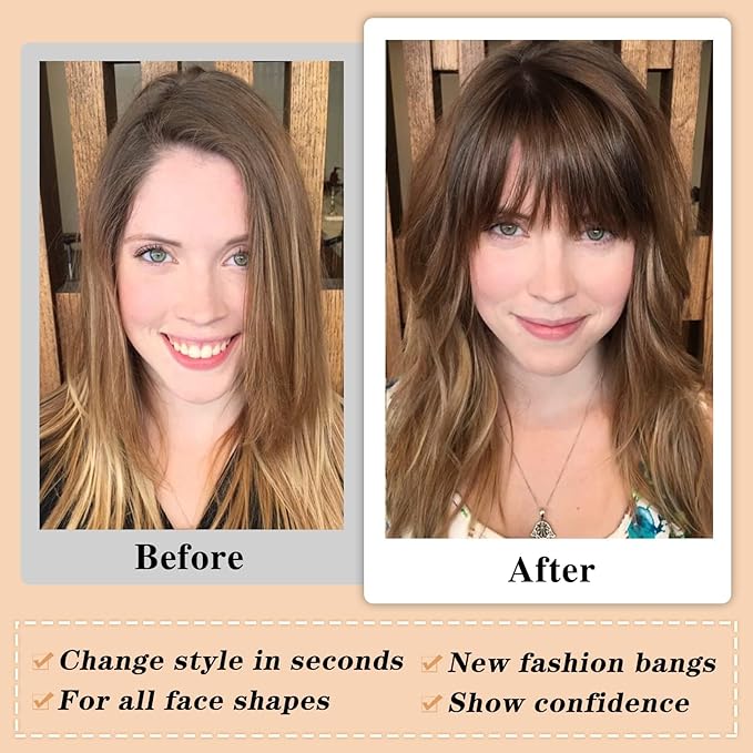 NAYOO Bangs Hair Clip - Light Brown Fake Bangs 100% Real Human Hair Extensions French Bangs for Women Fringe with Temples Hairpieces Curved Bangs for Daily Wear(Light Brown, French Bangs)