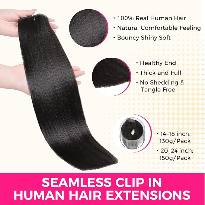 Lashey Seamless Clip in Hair Extensions Human Hair 150g 9pcs Light Yaki Straight Natural Black Real Human Hair Clip ins for Women 24 Inch