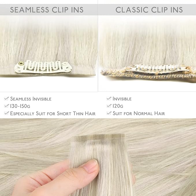 WENNALIFE Seamless Clip In Hair Extensions, 18 Inch 7pcs 130g Ash Blonde Highlighted Platinum Blonde Human Hair Extensions, Invisible PU Weft