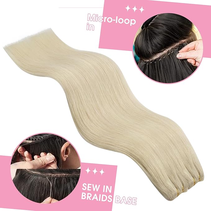 YoungSee Sew in Hair Extensions Blonde Human Hair Weft Extensions Platinum Blonde Sew in Extensions Can Be Dyable Remy Hair 20Inch 100G