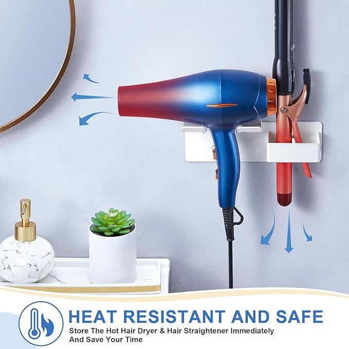 Hair Dryer Holder Wall Mounted, Hair Straightener Holder Metal, Adhesive Blow Dryer and Hair Straightener Holder, Bathroom Bedroom Hair Tool Organizer for Flat Iron,Curling Iron,Hairdryer