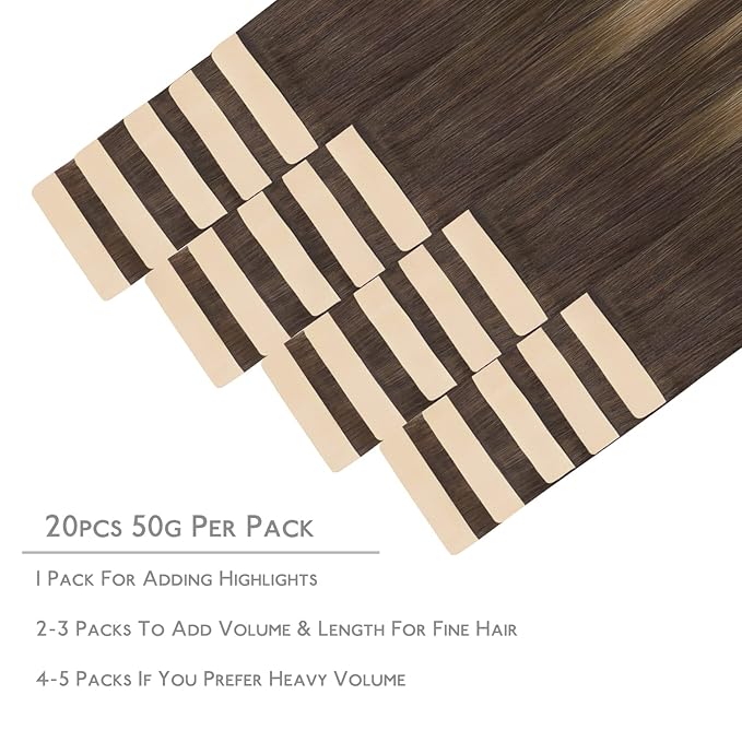 WENNALIFE Tape in Hair Extensions Human Hair, 20pcs 16 inch 50g Balayage Chocolate Brown to Honey Blonde Remy Tape Hair Extensions Real Human Hair Tape Extensions Coloured Hair Extensions