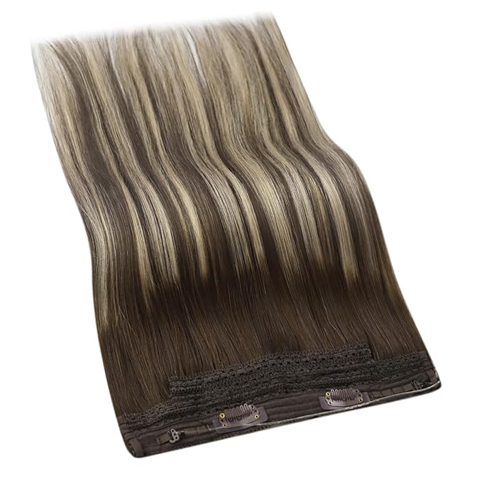 YoungSee 130G Wire Hair Extensions Human Hair Brown Balayage Wire Hair Extensions Real Human Hair Ombre Dark Brown with Ash Blonde Fish Line Extensions for Long Hair 22Inch