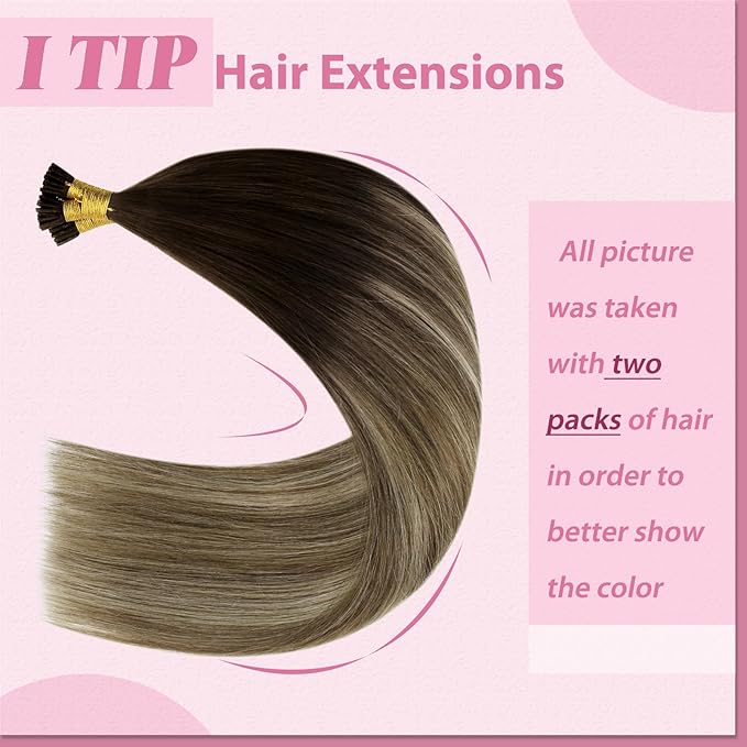 YoungSee I Tip Hair Extensions Human Hair Balayage Itip Hair Extension Real Human Hair Ombre Dark Brown to Brown with Blonde Itip Hair Extension 16 Inch Pre Bonded 80s 50g