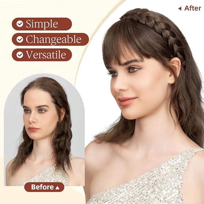 SARLA Braided Headband with 3 Detachable Clip in Bangs Fringe Hairpieces Fake Synthetic Hair Band Bangs for Women Ice Blonde