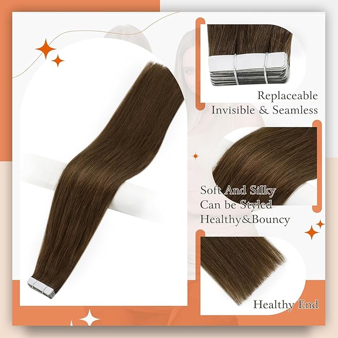 Full Shine Tape in Extensions Human Hair 18 Inch Real Tape in Hair Extensions Color 4 Middle Brown Hair Extensions Real Human Hair Straight Seamless Skin Weft 20Pcs 50G Remy Invisible for Women