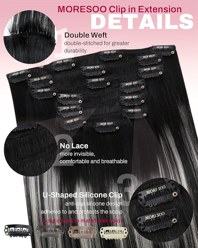 Moresoo Silver Grey Hair Extensions Real Human Hair Clip ins Balayage Natural Black to Silver Clip in Hair Extensions for Volume Remy Human Hair Long Straight Can Be Curled Full Head 120g/7pcs 18in