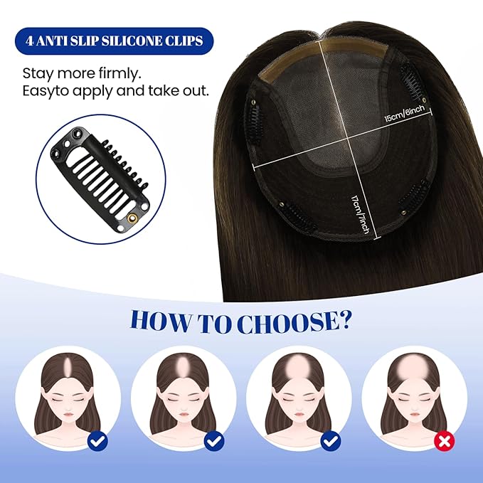 WORLDSTAR Human Hair Topper 360°3D Coverage Hairpieces Hand-stitched Real Hair Toppers for Women Add Volume,6 * 7 Inch Base 12Inch #2 Dark Brown,55g with Thinning Hair Upgrade Lace Base (tp#2-12)