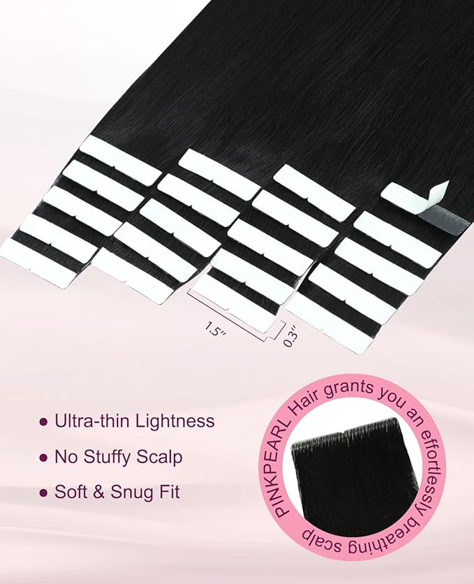 Pinkpearl Invisible Tape in Hair Extensions Human Hair, 20pcs 16inch 45g #1 Jet Black Injection Tape in Extensions Real Remy Straight Seamless Silky Human Hair Injected