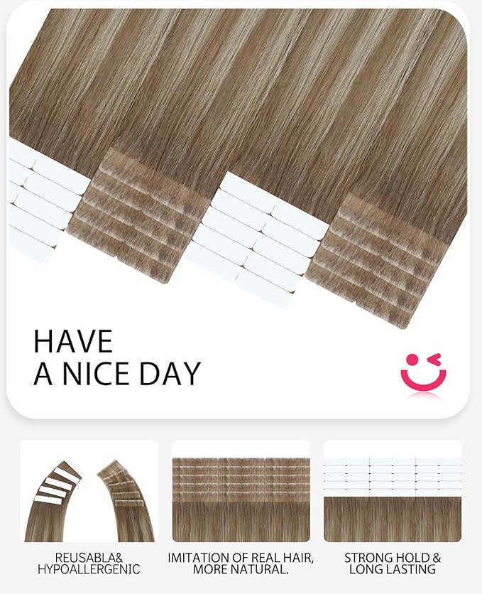 Youngsmile Injection Tape in Hair Extensions Human Hair #8T60 Ash Brown to Platinum Blonde 20pcs 50g 22 Inch Balayage Injected Seamless Tape in Hair Extensions Straight Remy Human Hair (#8T60,22'')