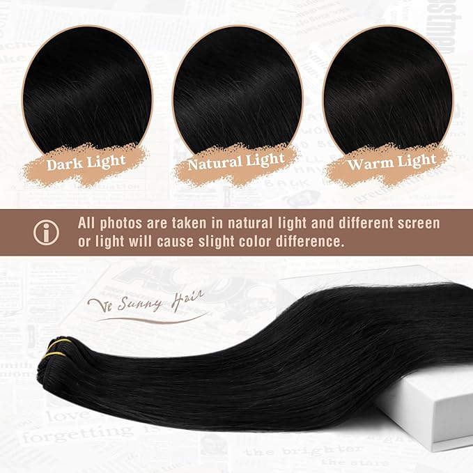 Ve Sunny Human Hair Clip in Extensions, Clip in Extensions Real Human Hair, Black Clip in Hair Extensions Straight Hair Extensions for Thin Hair 16inch 120g 7pcs