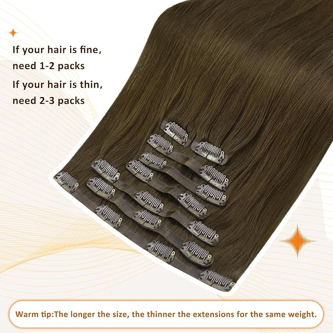 Full Shine Clip in Hair Extensions Real Human Hair 22 Inch Medium Chestnut Brown Seamless Human Hair Clip in Extensions with PU Weft for Long Hair 8 PCS 120 G