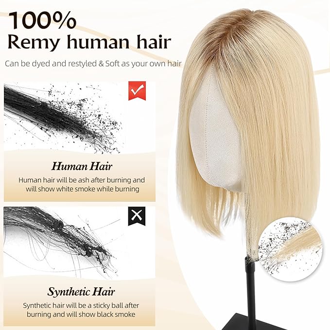 Large MONO Top Hair Toppers for Women Remy Human Hair 14 Inch 6"x7" Big Base Partial wig Cover Thinning Hair or Loss No Bangs Natural Wiglets(Light Blonde Mixed Brown)