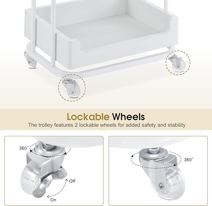BarberPub Salon Trolley Cart with Lockable Wheels, Salon Cart with Drawer, Storage Trolley for Barber Shop, Spa 2086 (White)