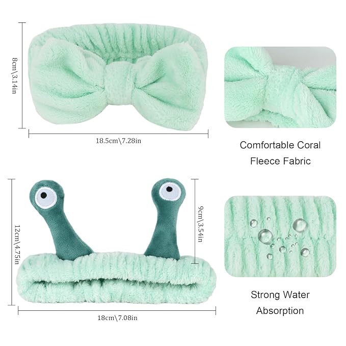 Skincare Headband Bow Snail Spa headband and Wristband Set, 6 Pack Cute Makeup Headbands for Washing Face, Fun Gifts for Women and Girls