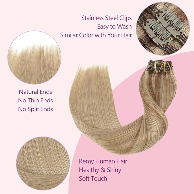 PINKPEARL Clip in Hair Extensions Real Human Hair #10/16/16 Golden Brown to Caramel Blonde Human Hair Clip in Hair Extensions 7pcs 120g 20inch Human Hair Extensios Clip ins(#10/16/16-20)