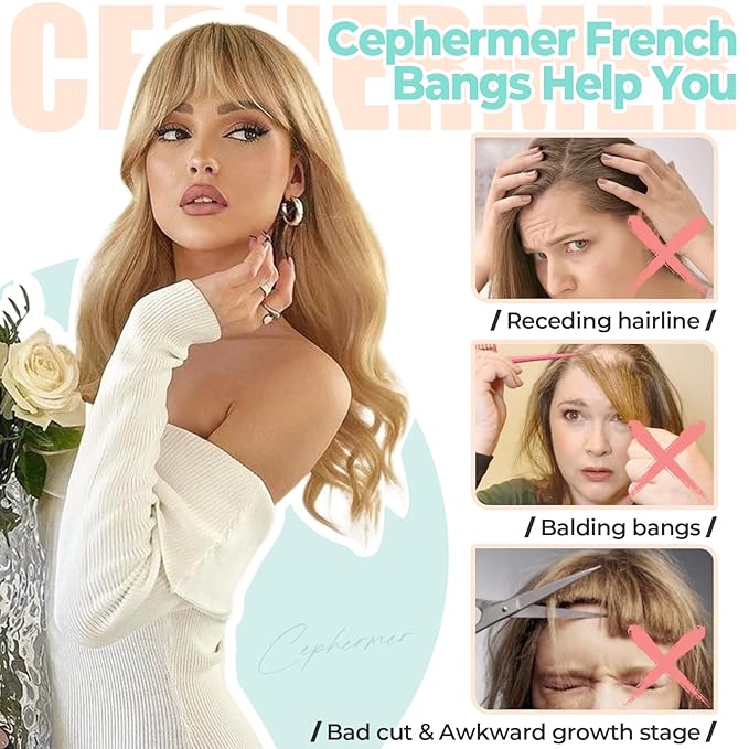 Clip in Bangs, Synthetic French Bangs Hair Clip, Fake Bangs Fringe with Temples Hairpieces for Women Natural Curved Hair Extensions for Daily Wear Light Chestnut Brown