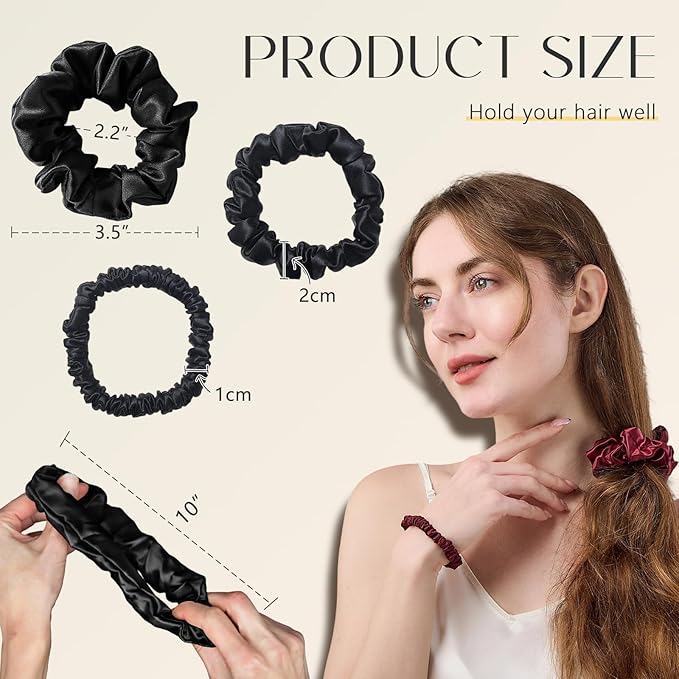 ZIMASILK 100% Mulberry Silk Hair Scrunchies – 19 Momme Elastic Silk Hair Ties for Women & Girls, Gentle No-Tug (3 Sizes, Black)