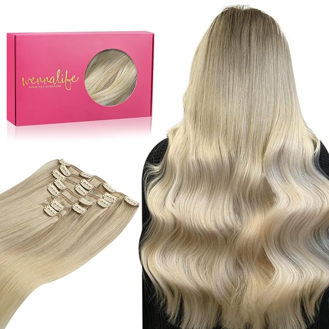WENNALIFE Clip In Human Hair Extensions, 22 Inch 120g 7pcs Ash Blonde to Golden Blonde and Platinum Blonde Ombre Clip in Human Hair Remy Clip in Hair Extensions Real Human Hair Double Weft