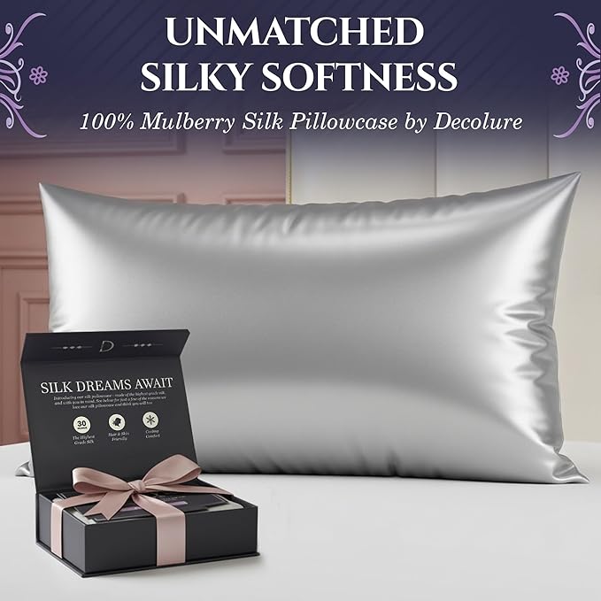 DECOLURE 100% Pure Mulberry Silk Pillow Case Standard Size – Highest Grade 30 Momme 6A+, Luxuriously Soft & Cooling Silk Pillowcase for Hair & Skin, Hypoallergenic, Breathable, Hidden Zipper (Silver)