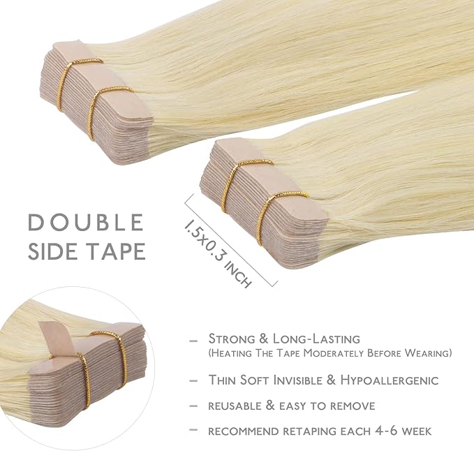 WENNALIFE Tape in Hair Extensions Human Hair, 20pcs 50g 16 inch Bleach Blonde Remy Hair Extensions Straight Human Hair Tape in Extensions Skin Weft Tape Extensions Human Hair