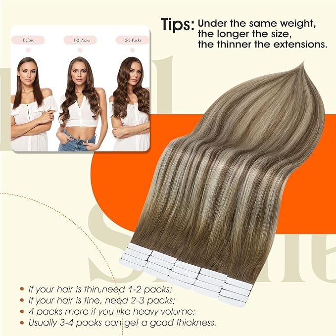 Full Shine Tape in Hair Extensions Real Human Hair 22Inch Seamless Tape Hair Extensions Color 6/60/6 Chestnut Brown Ombre to Blonde Highlighted Brown Tape ins Silky Soft Hair Add Length 50G 20pcs